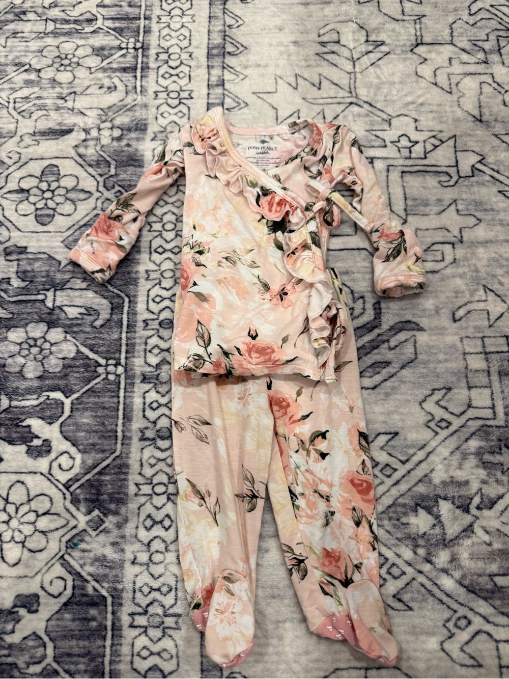Posh Peanut two-piece pajama set featuring the "Vintage Pink Rose" floral print